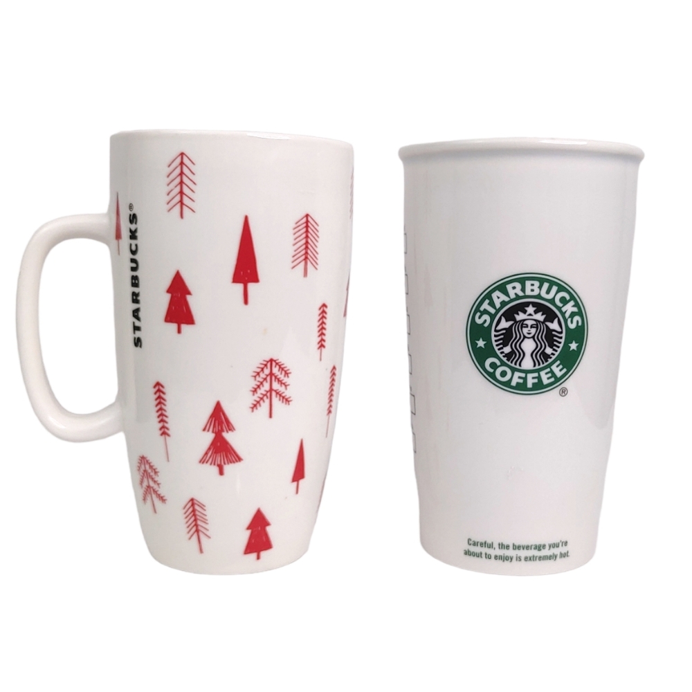 Starbucks 2 pc Holiday Christmas Tree Coffee Ceramic Cup Mugs 12 ozs & 16 ozs
